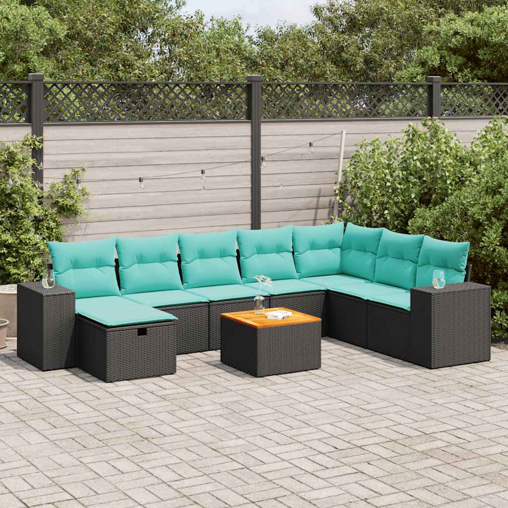 9 Pcs conjunto de sofás p/ jardim c/ almofadões vime PE preto