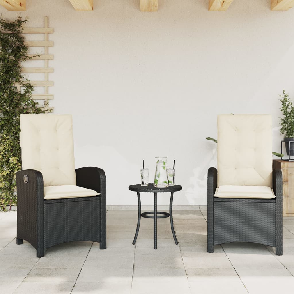 3 Pcs conjunto de bistrô com almofadões vime PE preto
