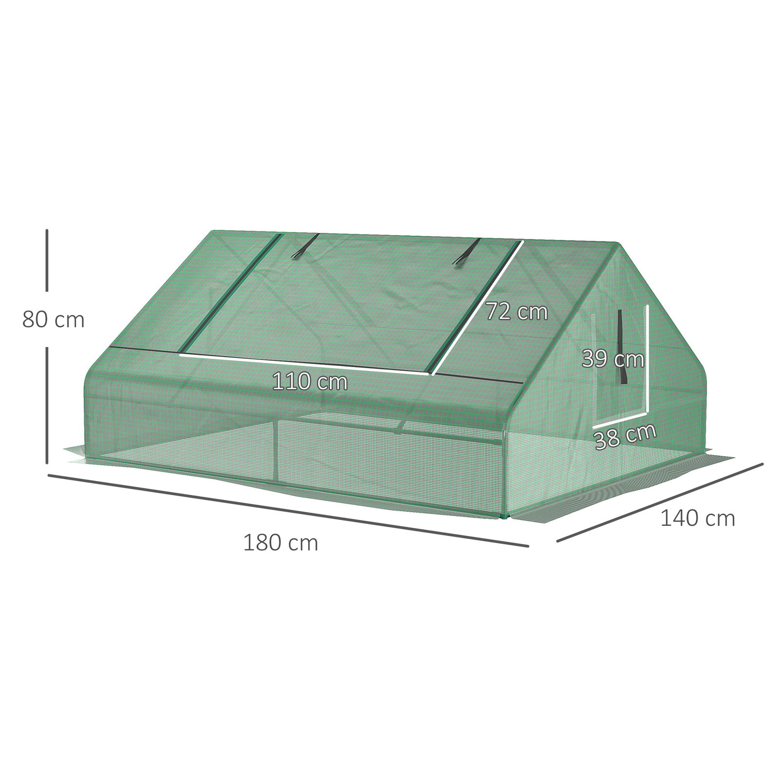 Estufa pequena para cultivo com 4 janelas enroláveis, estrutura de aço e cobertura PE anti-UV 180x140x80 cm verde