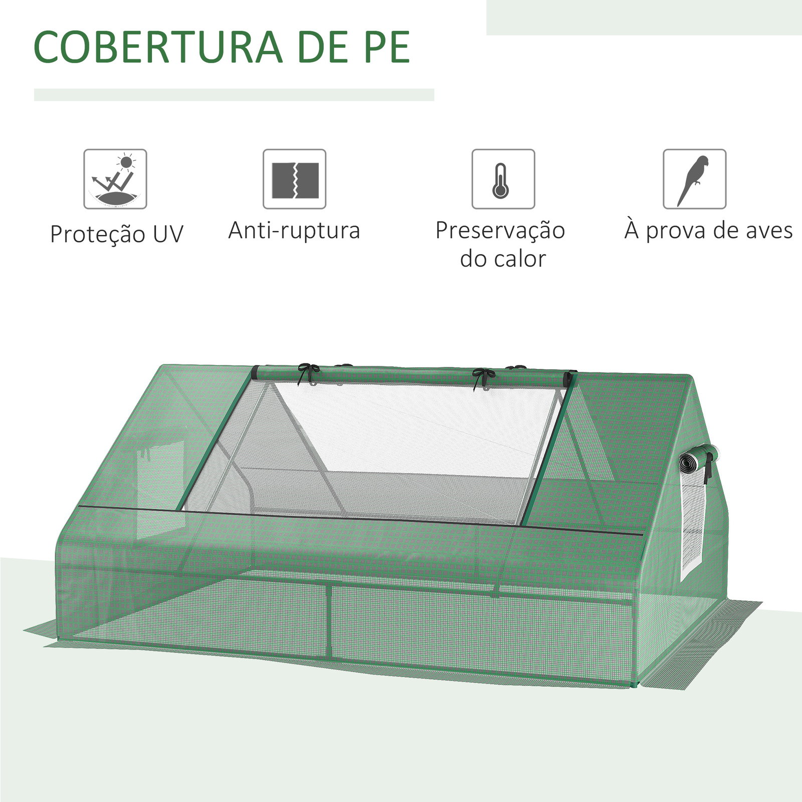Estufa pequena para cultivo com 4 janelas enroláveis, estrutura de aço e cobertura PE anti-UV 180x140x80 cm verde