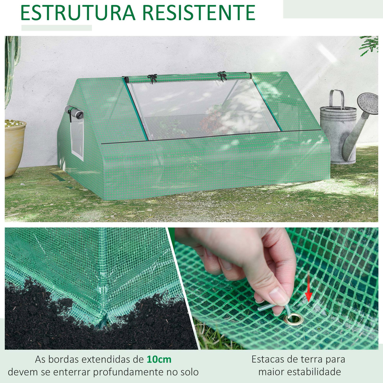 Estufa pequena para cultivo com 4 janelas enroláveis, estrutura de aço e cobertura PE anti-UV 180x140x80 cm verde