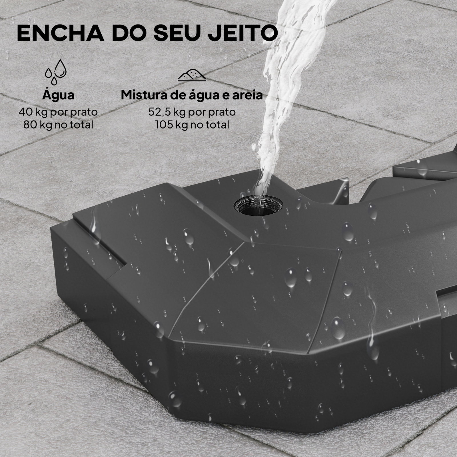 Base para chapéu de sol de 2 peças em HDPE recarregável com água 80 kg ou mistura de areia e água 105 kg preto