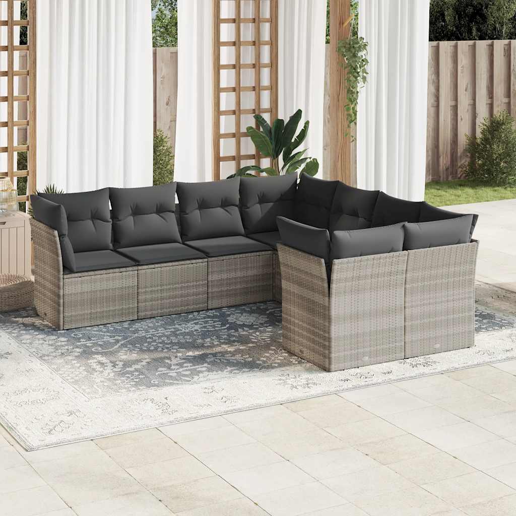 8 Pcs conj. sofás jardim c/ almofadões vime PE cinzento-claro