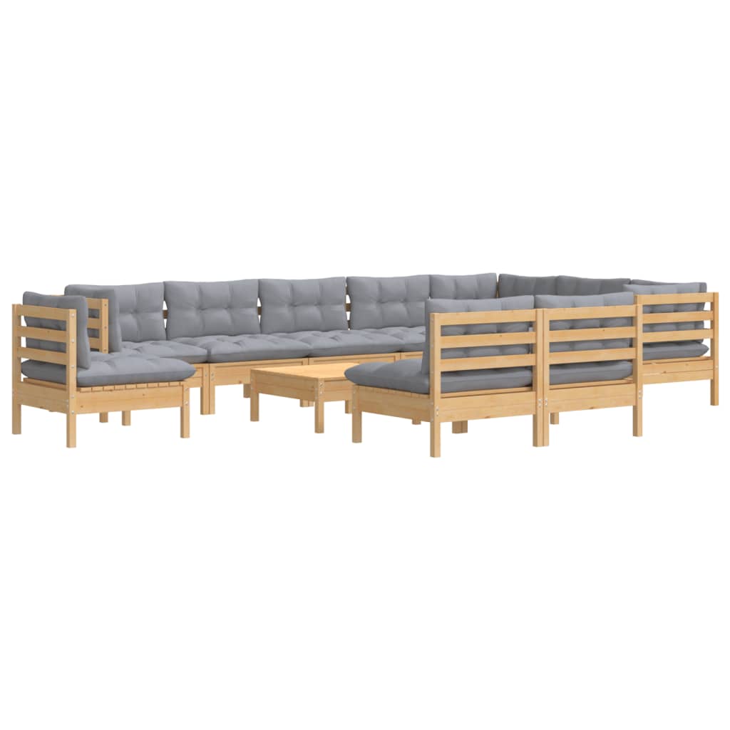 11Pcs conjunto lounge de jardim + almofadões cinza pinho maciço