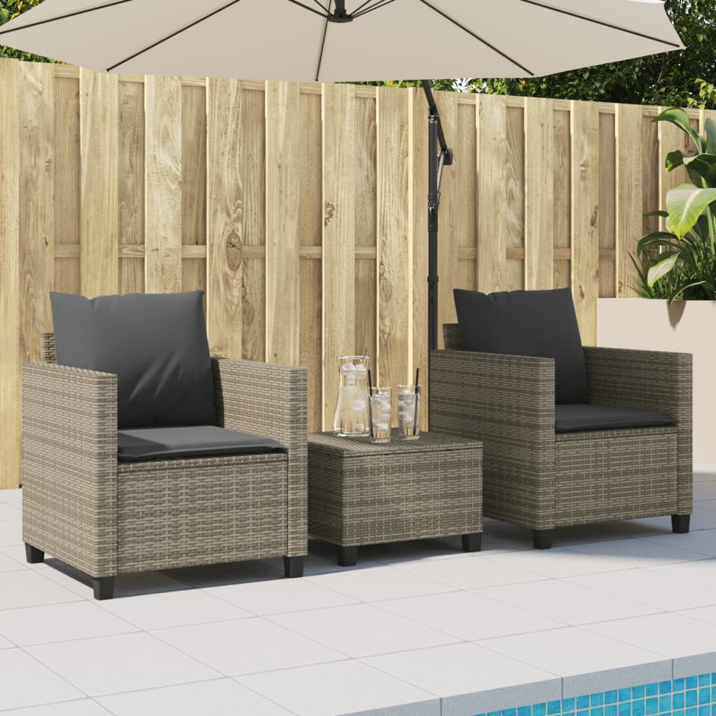 3 Pcs conjunto bistrô com almofadões vime PE cinza