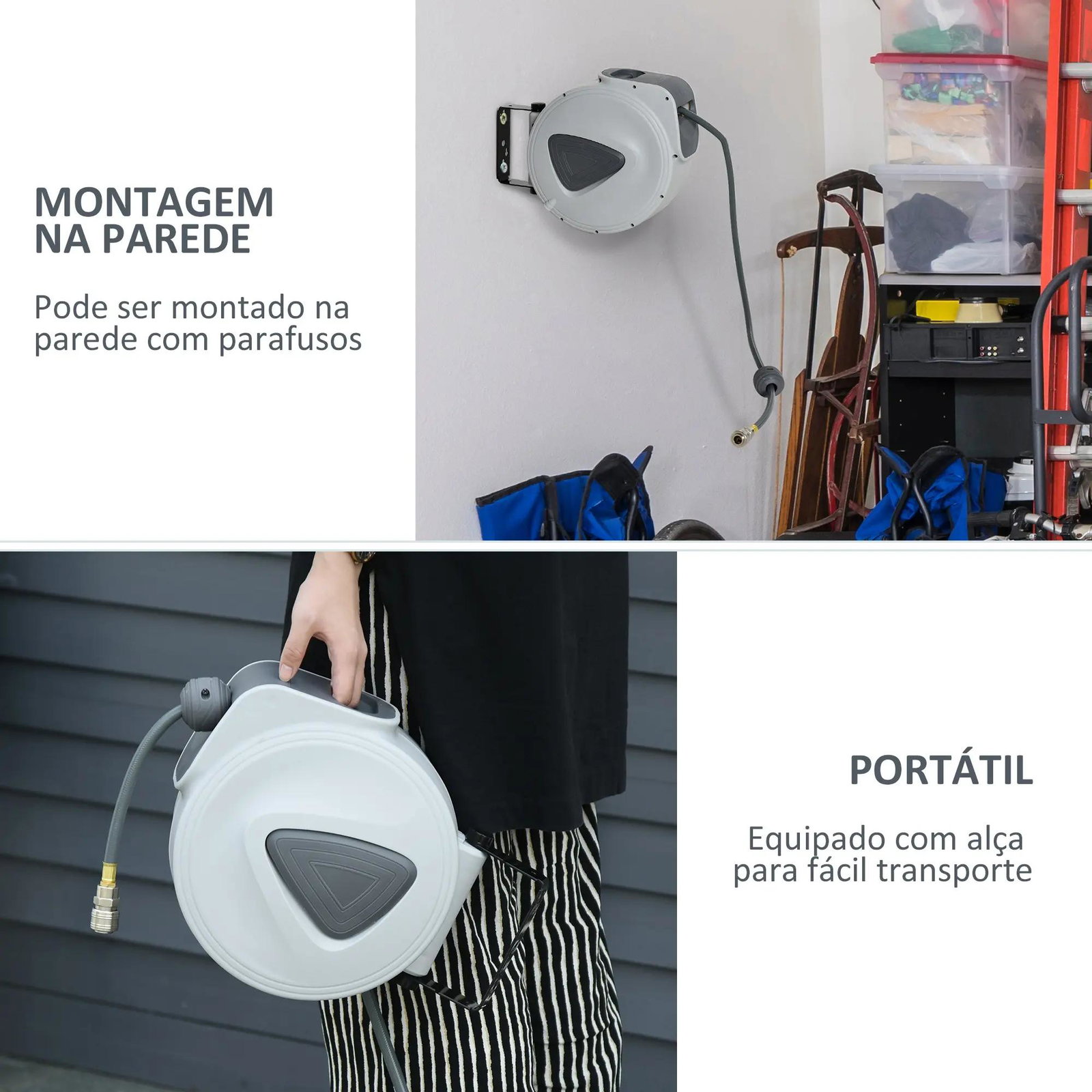 Carretel de mangueira de ar comprimido automático de 15m conector de 1/4'' bsp com suporte para parede giratório 180° diámetro interno 3/8'' (9,5x15 mm) cinza