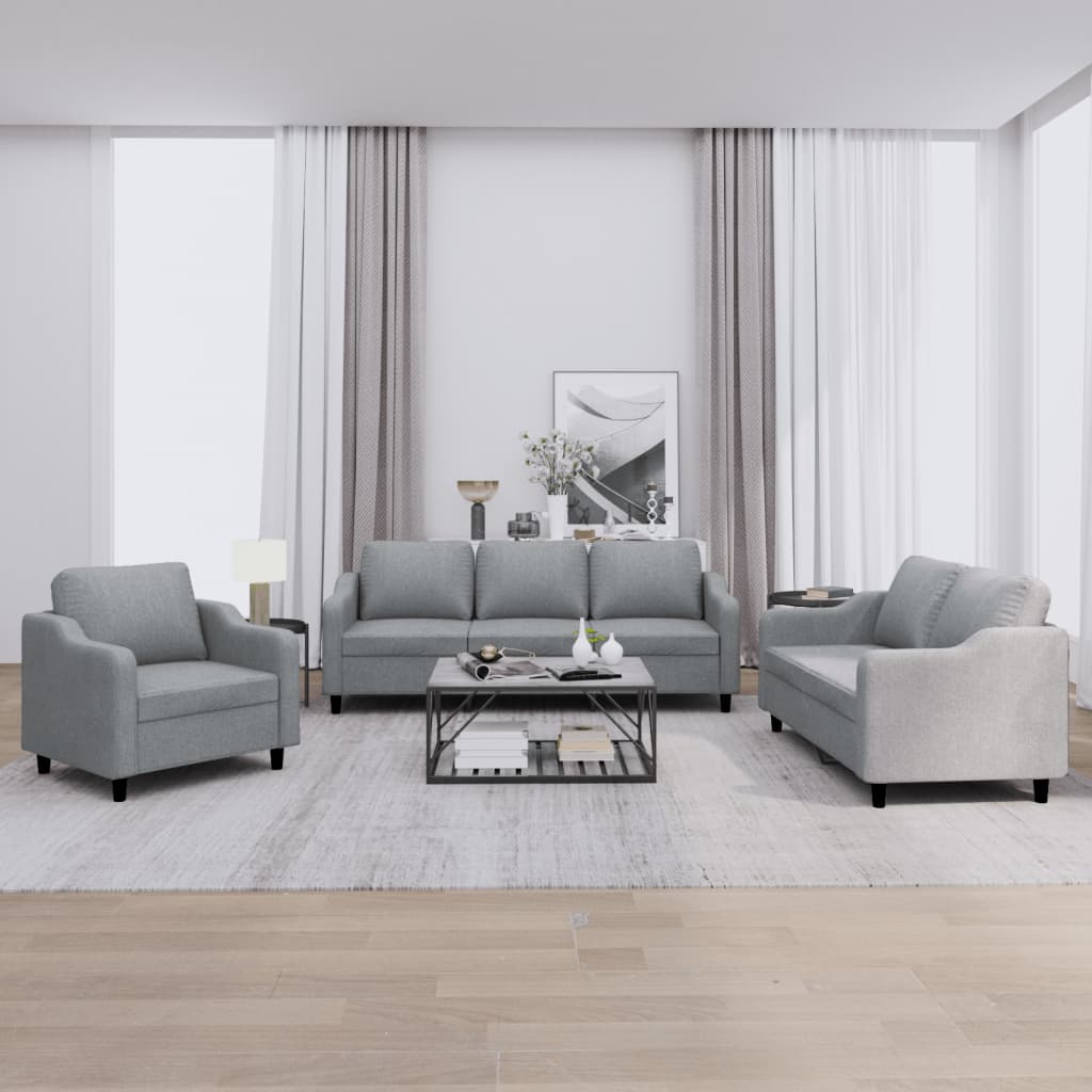 3 Pcs conjunto de sofás com almofadões tecido cinzento-claro