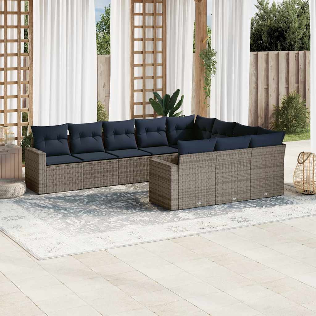 10 Pcs conjunto sofás p/ jardim c/ almofadões vime PE cinzento