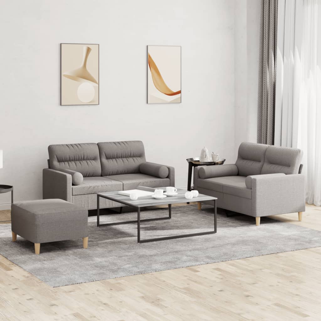 3 Pcs conjunto de sofás com almofadas tecido cinza-acastanhado