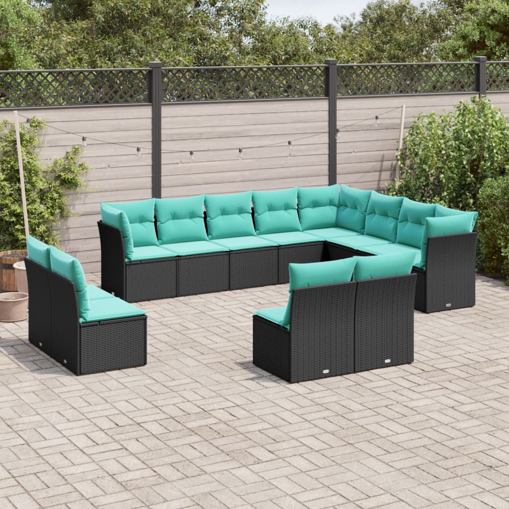 Conjunto de sofá de jardim com 12 peças e almofadas em rattan sintético preto