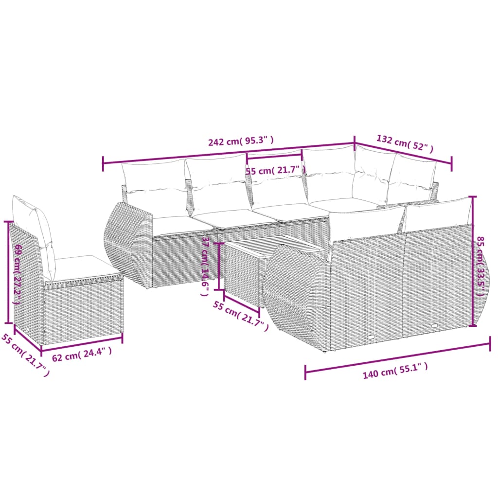 9 Pcs conjunto de sofás p/ jardim c/ almofadões vime PE preto