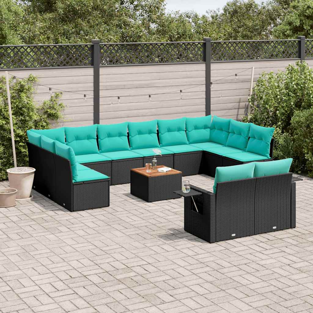 Conjunto de sofá de jardim com 13 peças e almofadas em rattan sintético preto