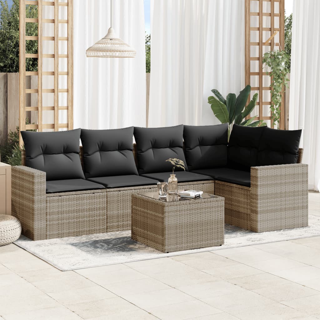 6 Pcs conj. sofás jardim com almofadões vime PE cinzento-claro