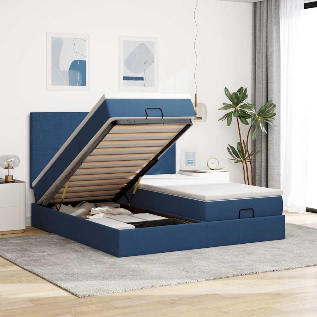 Estrutura de cama otomana com colchões 180x200cm tecido azul