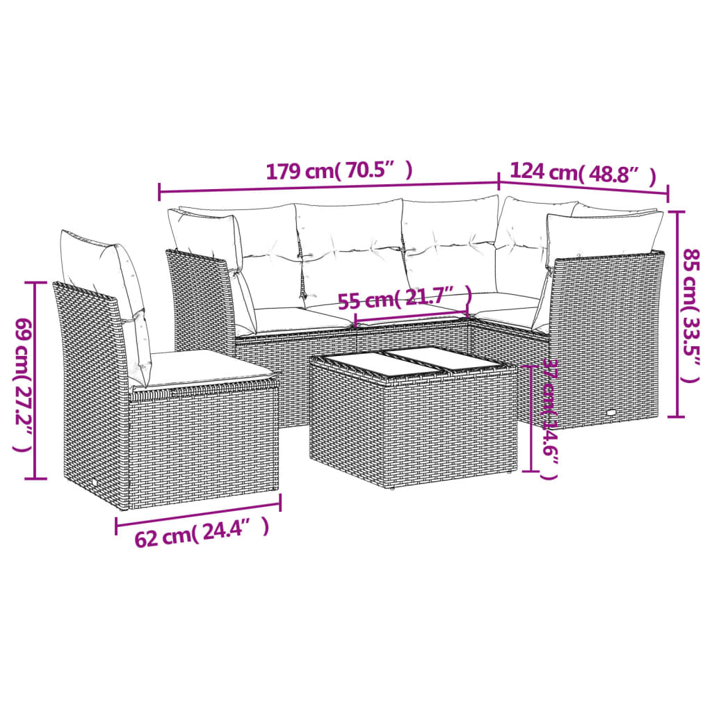 6 Pcs conjunto de sofás p/ jardim com almofadões vime PE bege