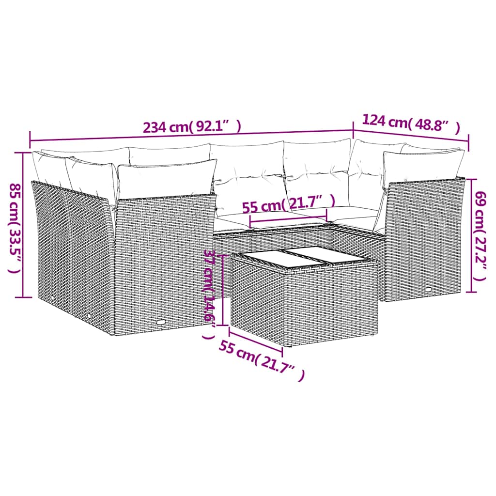 7 Pcs conjunto de sofás p/ jardim c/ almofadões vime PE preto
