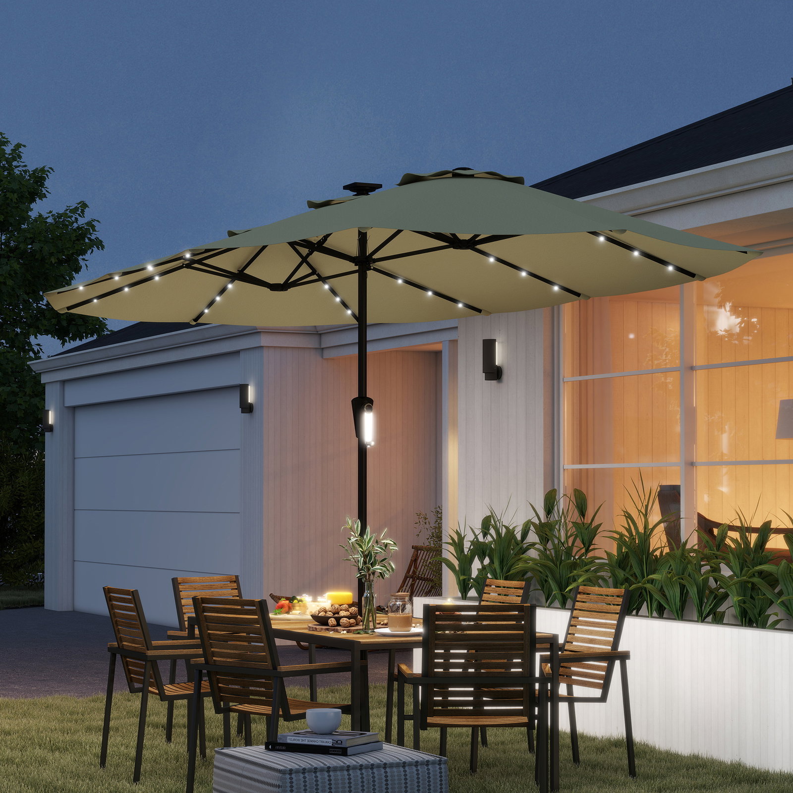 Chapéu de sol duplo com 36 luzes LED solares 4x2 m manivela upf50+ chapéu de sol para jardim bege