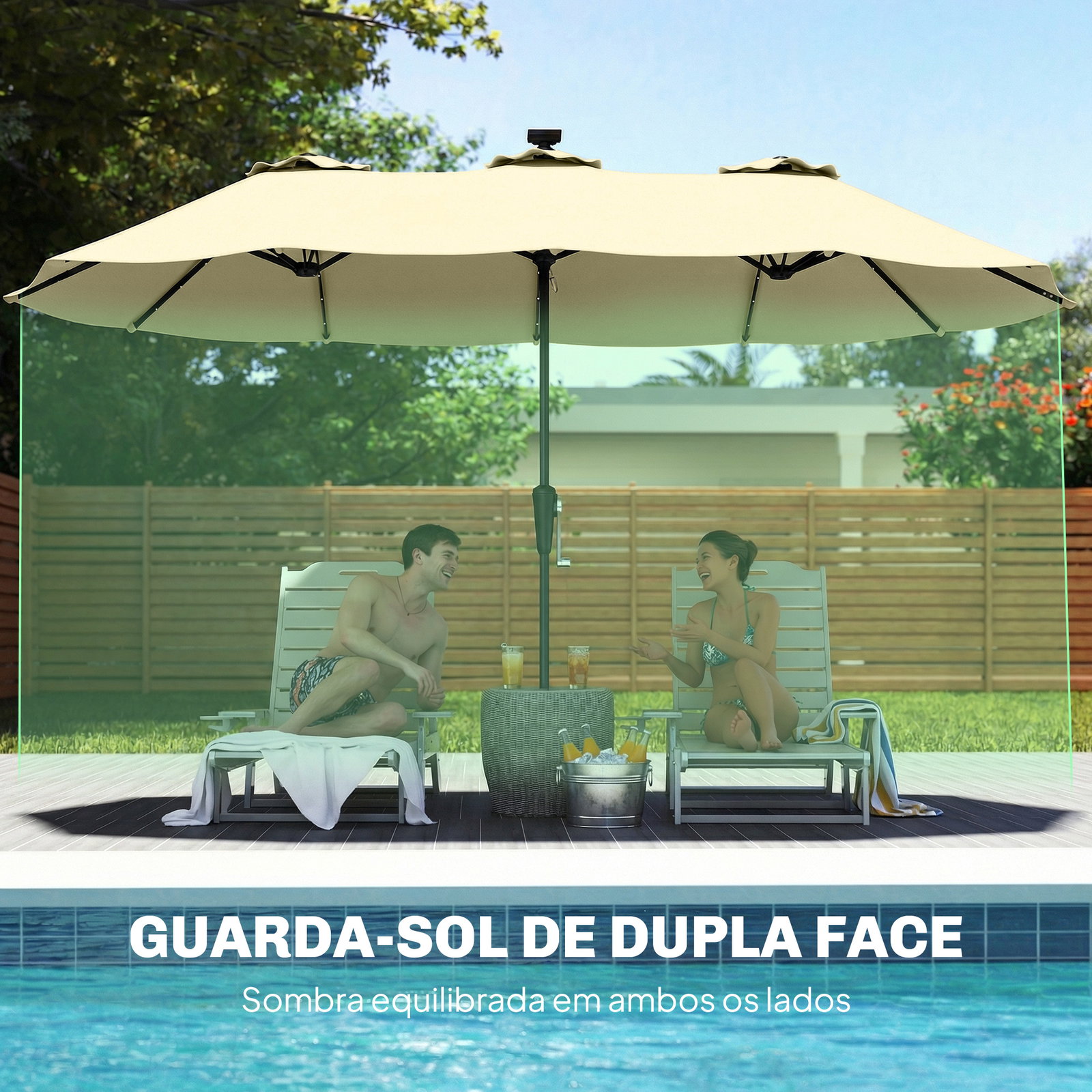 Chapéu de sol duplo com 36 luzes LED solares 4x2 m manivela upf50+ chapéu de sol para jardim bege