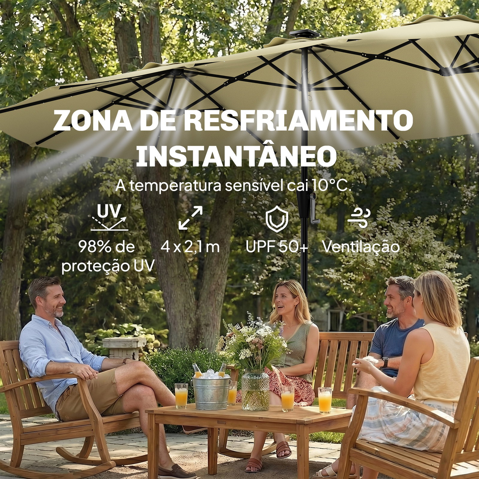 Chapéu de sol duplo com 36 luzes LED solares 4x2 m manivela upf50+ chapéu de sol para jardim bege