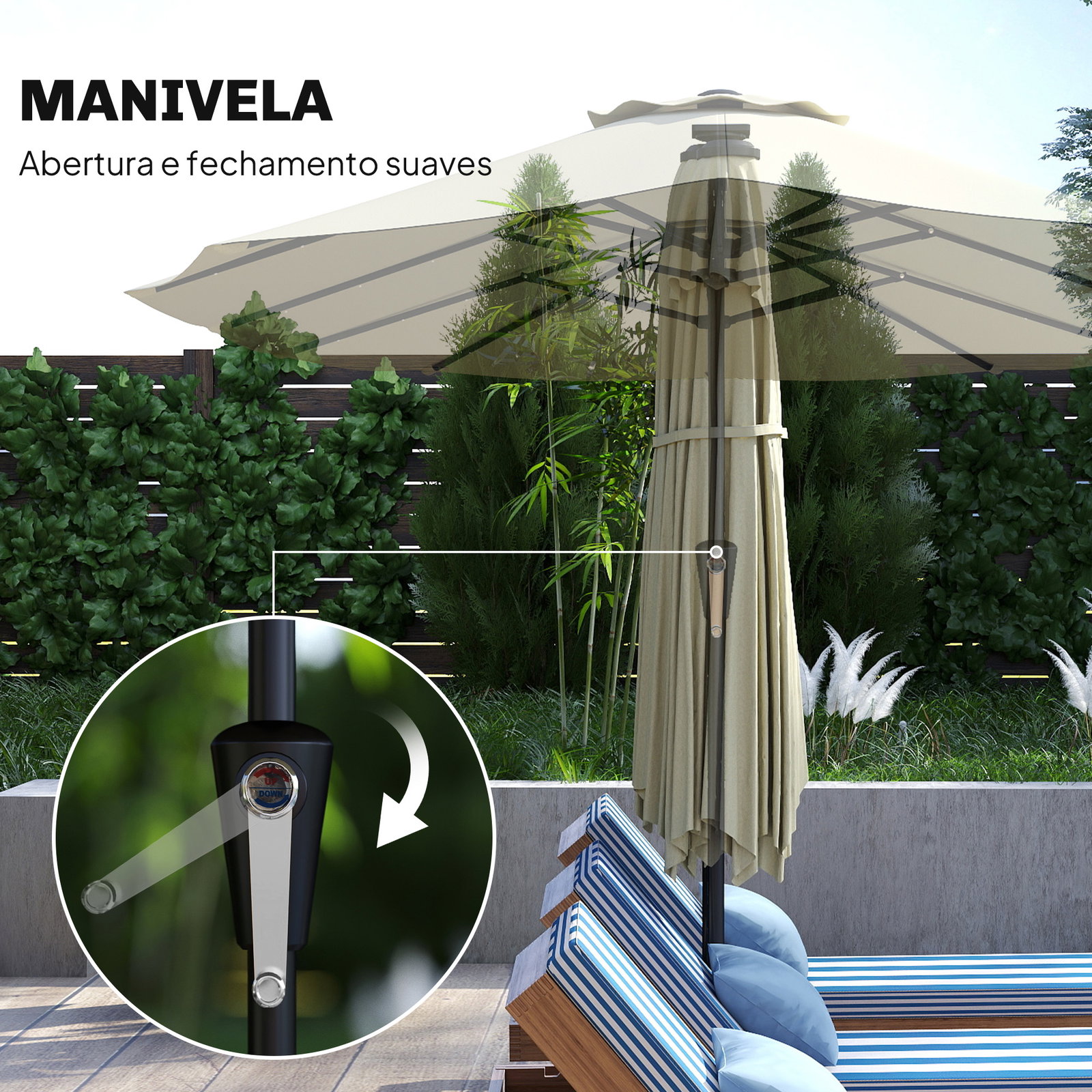 Chapéu de sol duplo com 36 luzes LED solares 4x2 m manivela upf50+ chapéu de sol para jardim bege