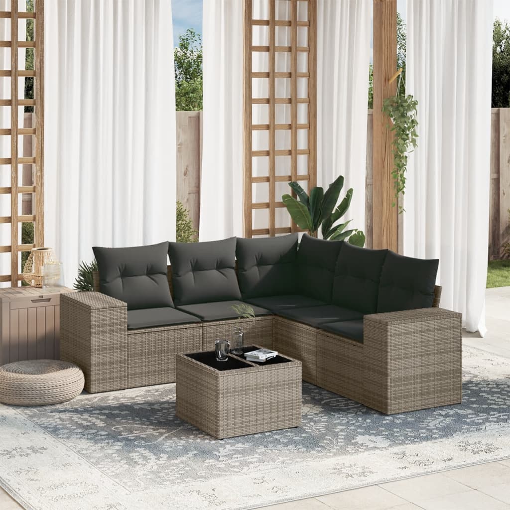 6 Pcs conjunto sofás de jardim com almofadões vime cinzento