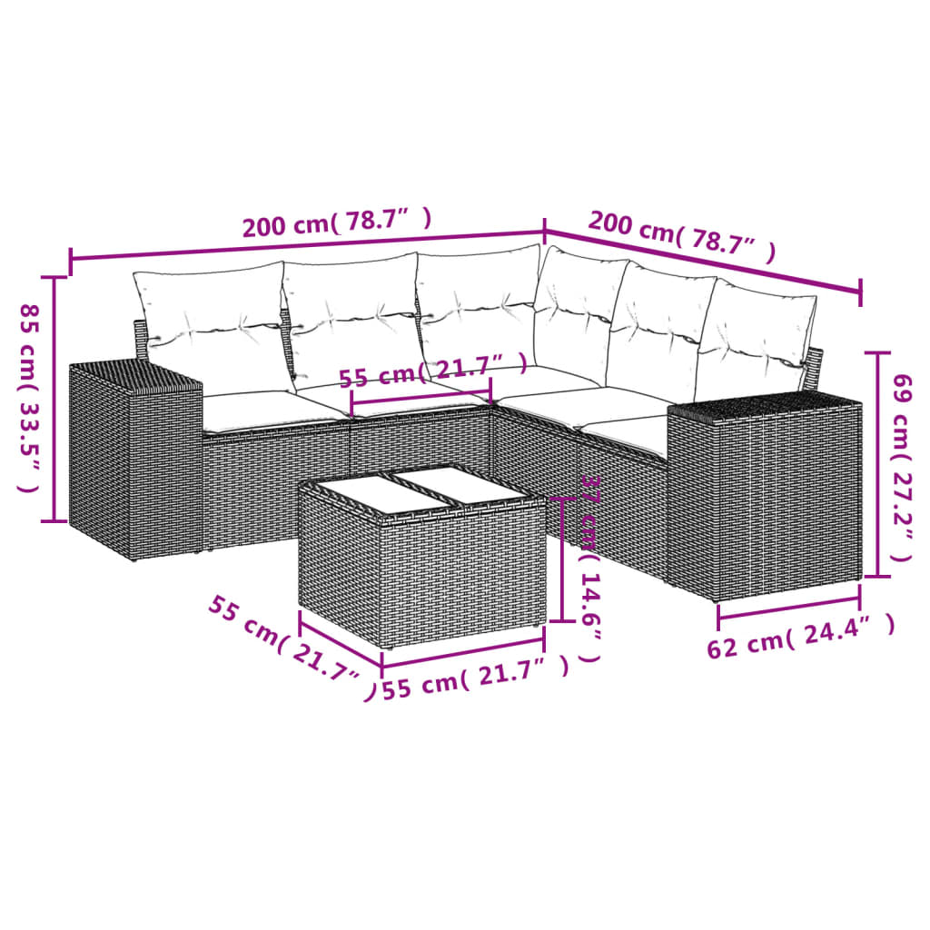 6 Pcs conjunto sofás de jardim com almofadões vime cinzento