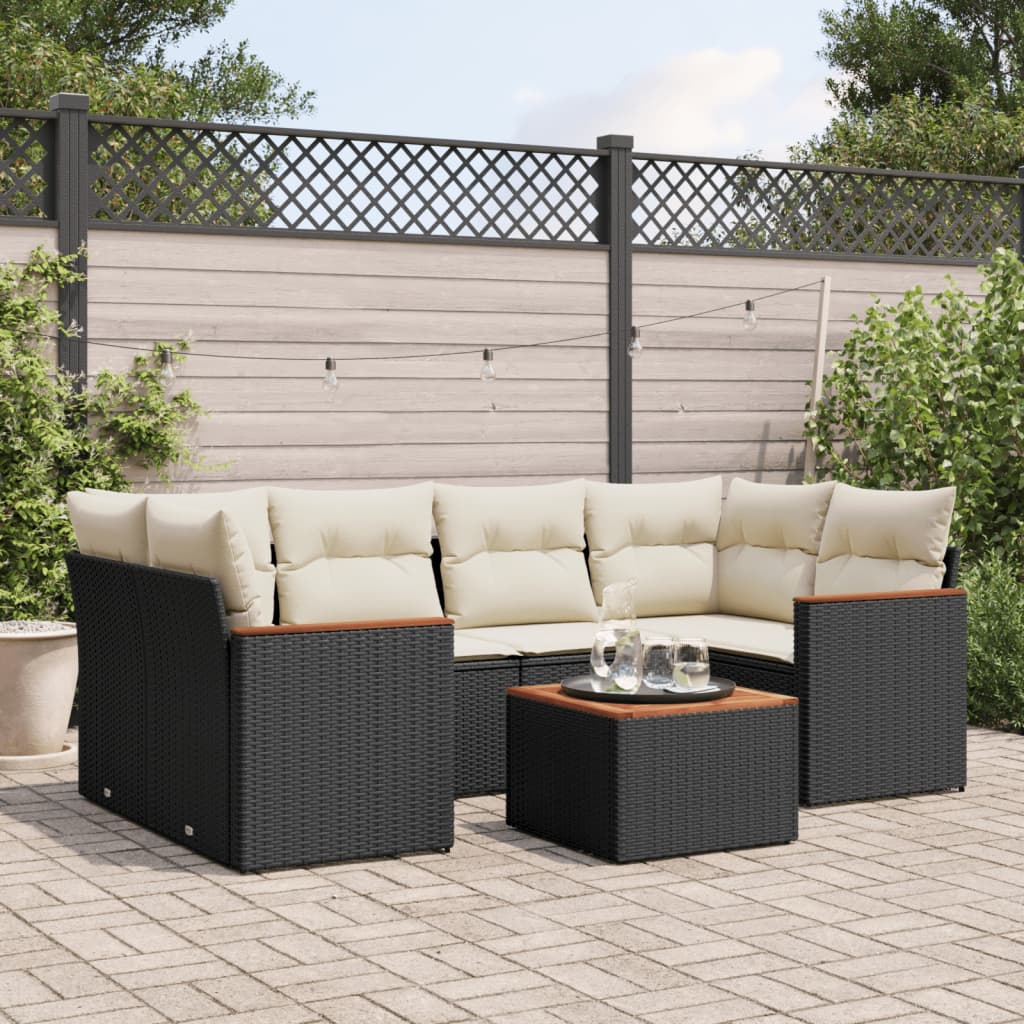 7 Pcs conjunto de sofás p/ jardim c/ almofadões vime PE preto