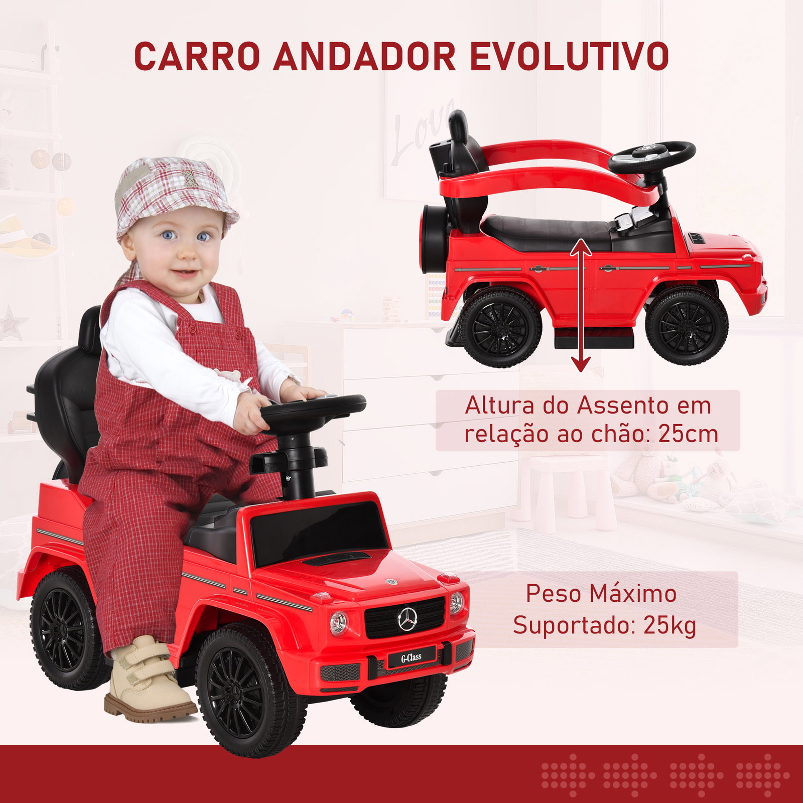 Carro Andador para Crianças Mercedes G350 com Buzina Capô Removível Encosto e Suporte de Proteção 85,5x40,5x95 cm Vermelho