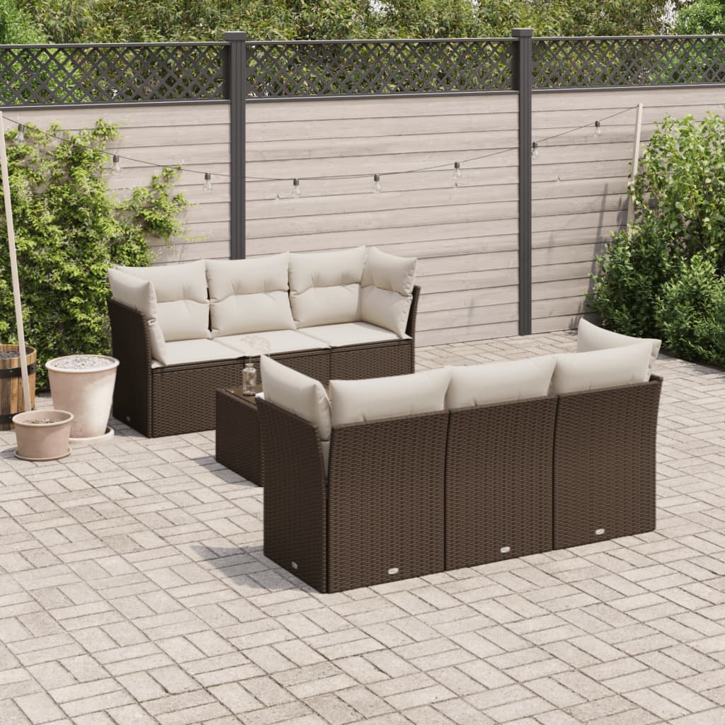 7 Pcs conjunto de sofás jardim c/ almofadões vime PE castanho