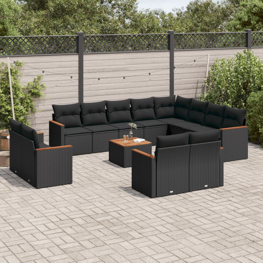 13 Pcs conjunto de sofás de jardim com almofadões vime PE preto