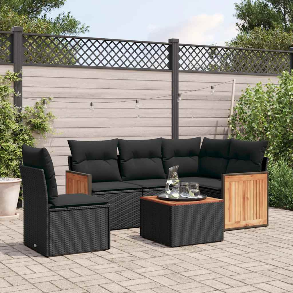 6 Pcs conjunto sofás de jardim c/ almofadões vime PE preto