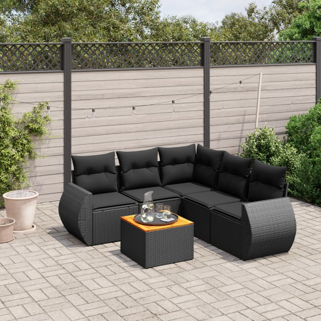 6 Pcs conjunto sofás de jardim c/ almofadões vime PE preto