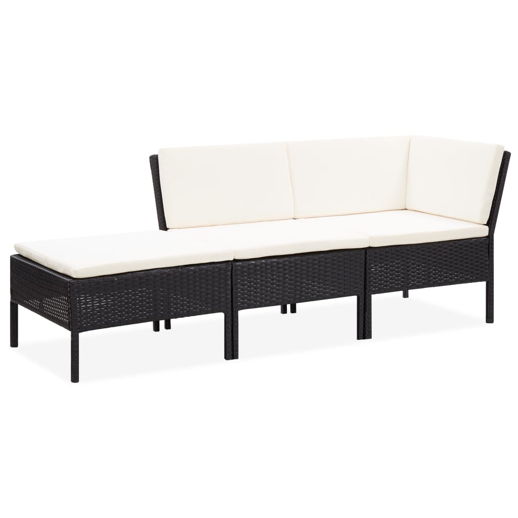 3 Pcs conjunto lounge de jardim c/ almofadões vime PE preto