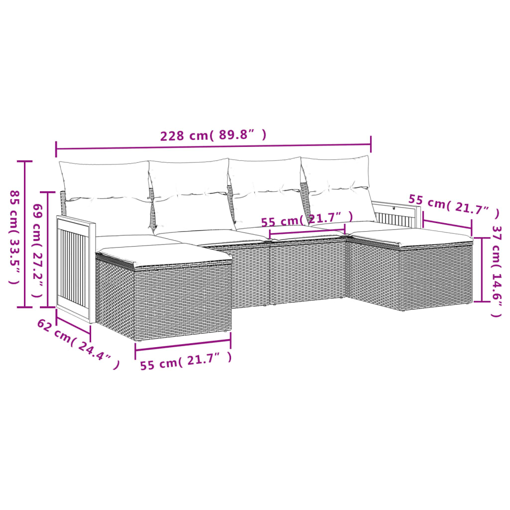 6 Pcs conjunto sofás de jardim c/ almofadões vime PE preto