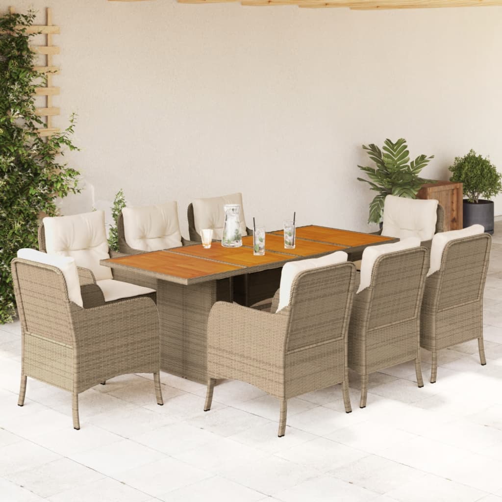 9 Pcs conjunto de jantar p/ jardim com almofadões vime PE bege