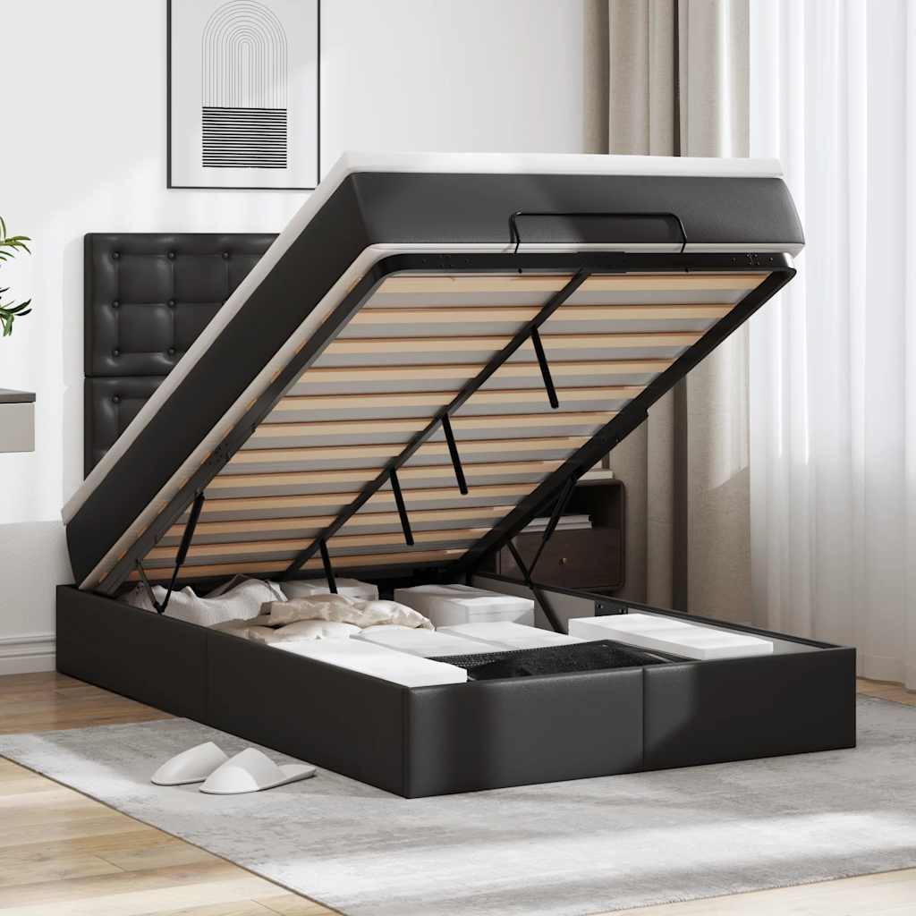 Estrutura de cama otomana com colchão preto couro falso