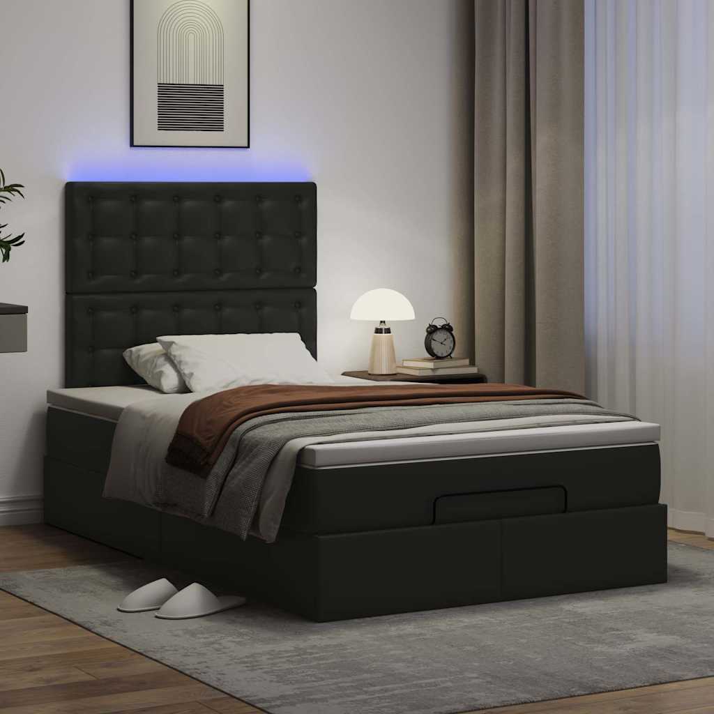 Estrutura de cama otomana com colchão preto couro falso