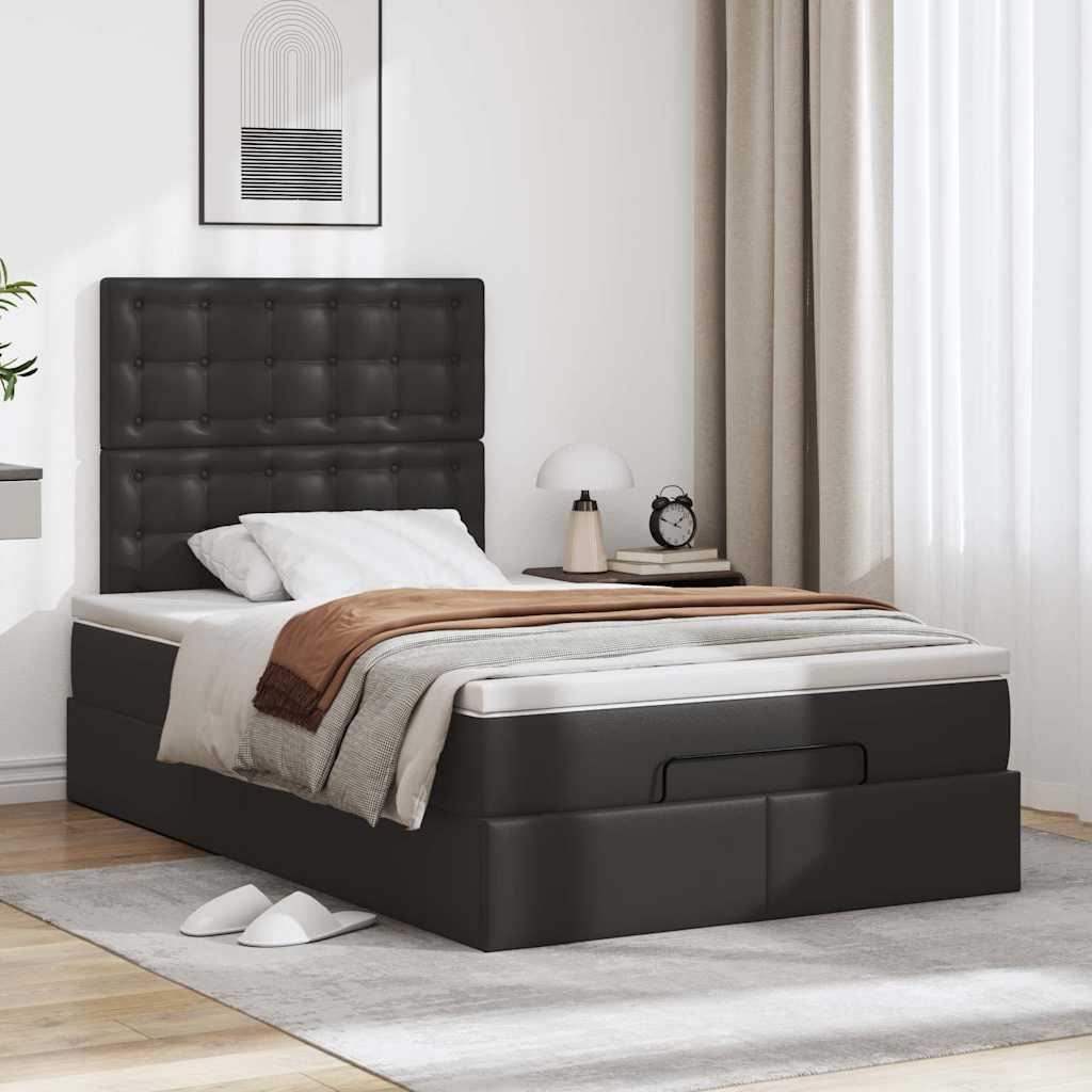 Estrutura de cama otomana com colchão preto couro falso