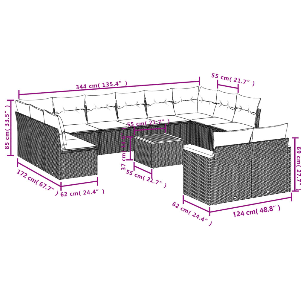 13 Pcs conjunto de sofás p/ jardim com almofadões vime PE bege