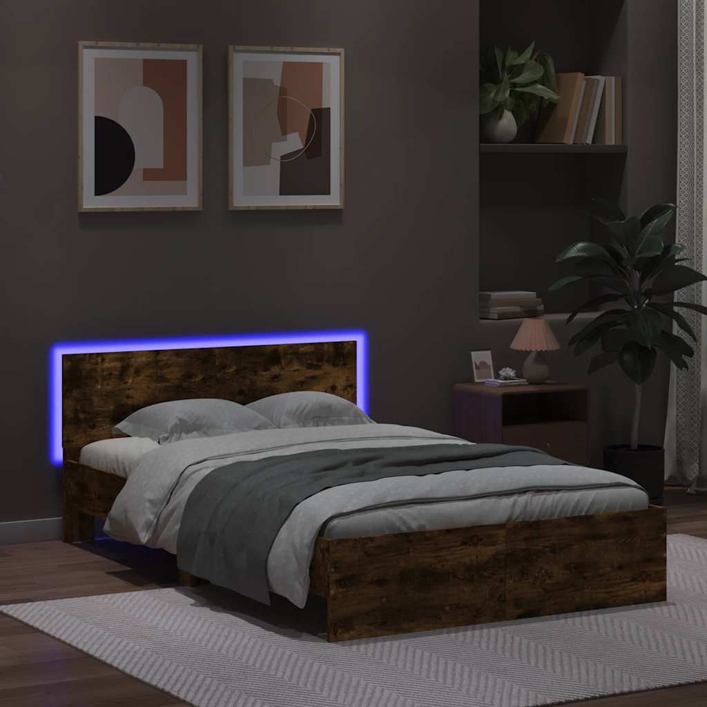 Estrutura cama c/ cabeceira/luzes LED 140x190cm carvalho fumado