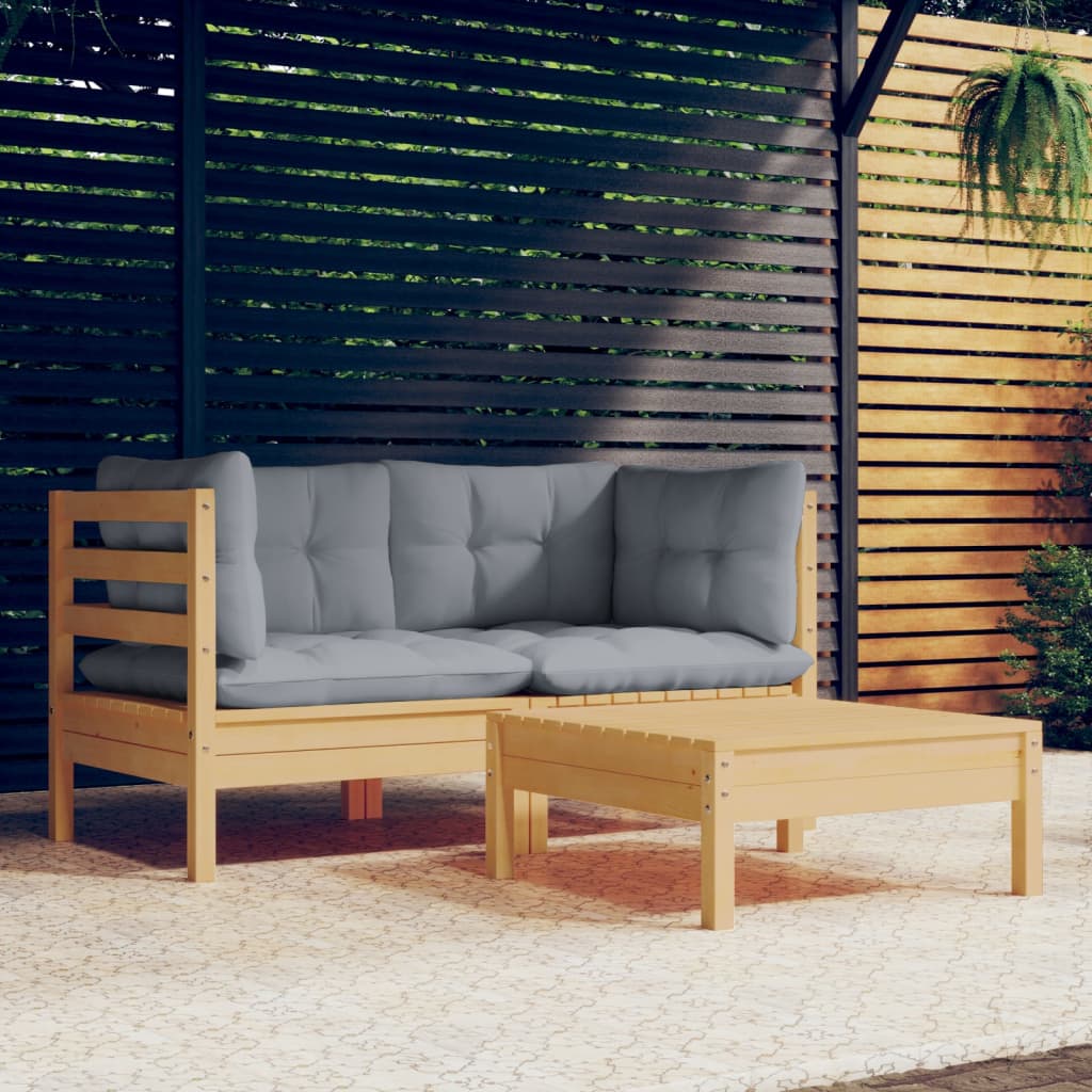 3 Pcs conjunto lounge de jardim c/ almofadões cinzentos pinho