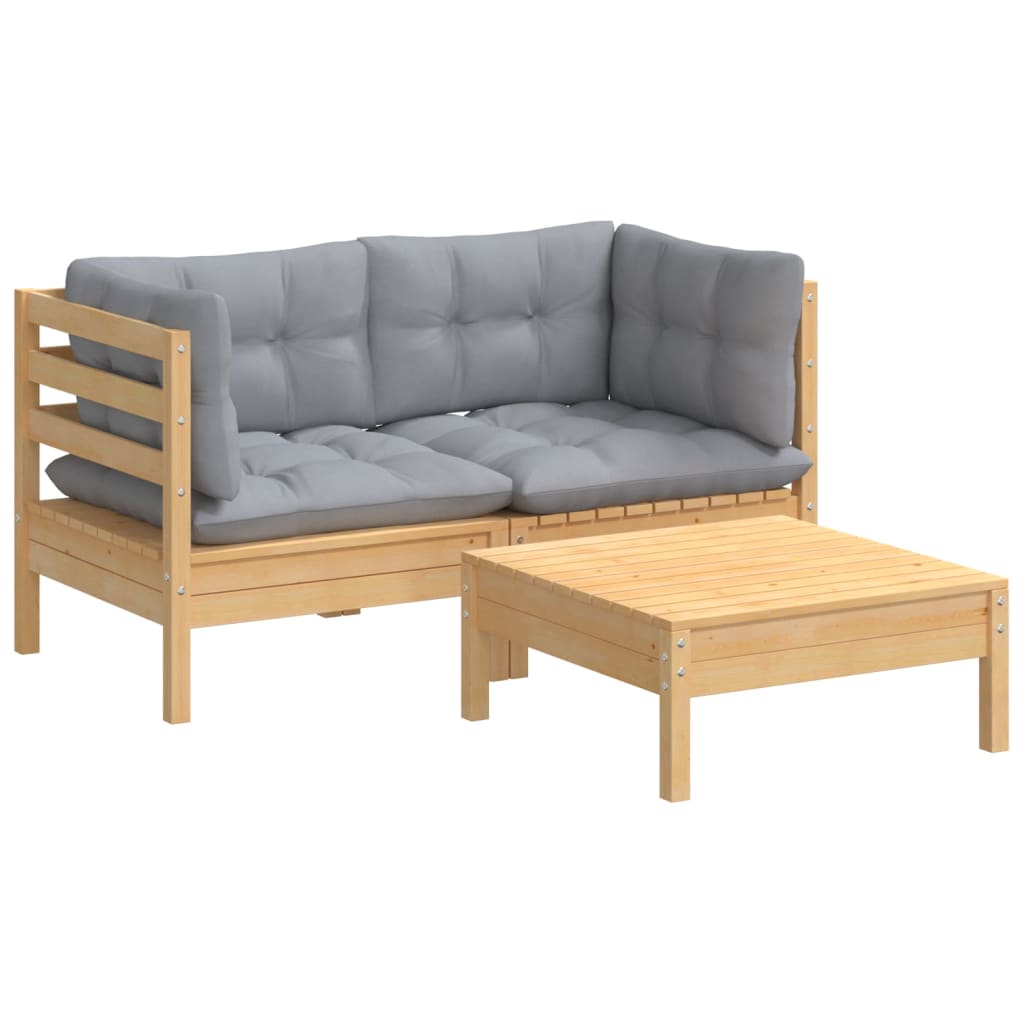 3 Pcs conjunto lounge de jardim c/ almofadões cinzentos pinho