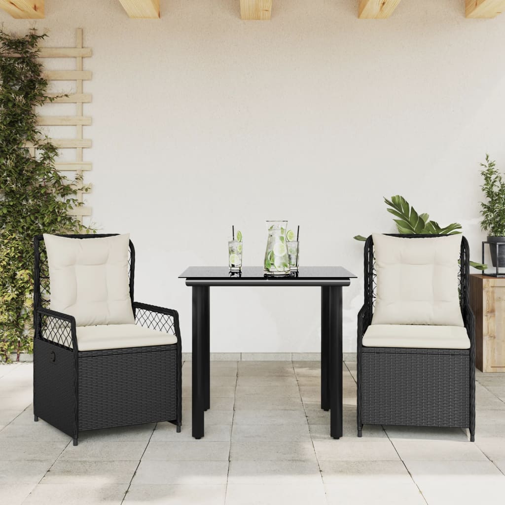 3 Pcs conjunto de jantar p/ jardim c/ almofadões vime PE preto