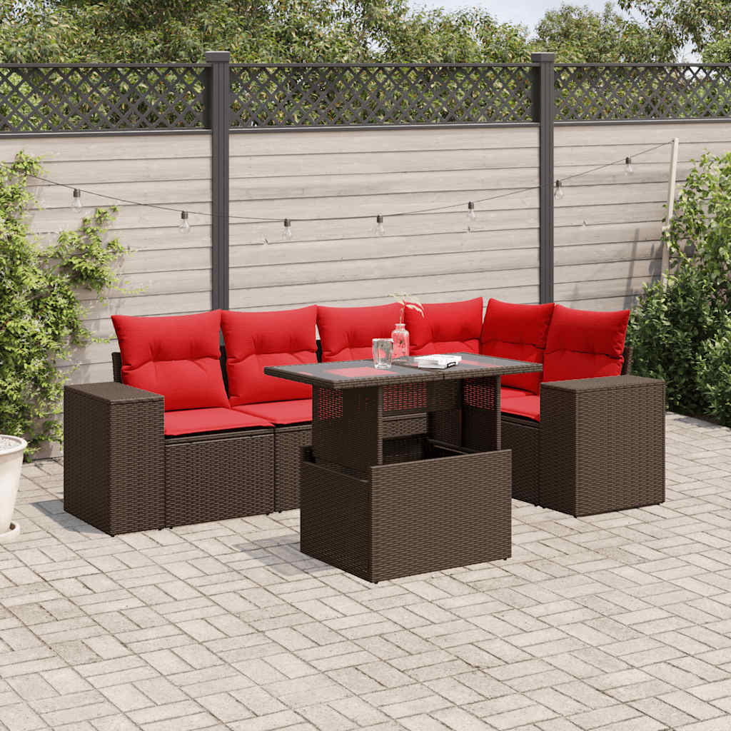 Conjunto de sofá de jardim com 6 peças e almofadas em rattan sintético marrom