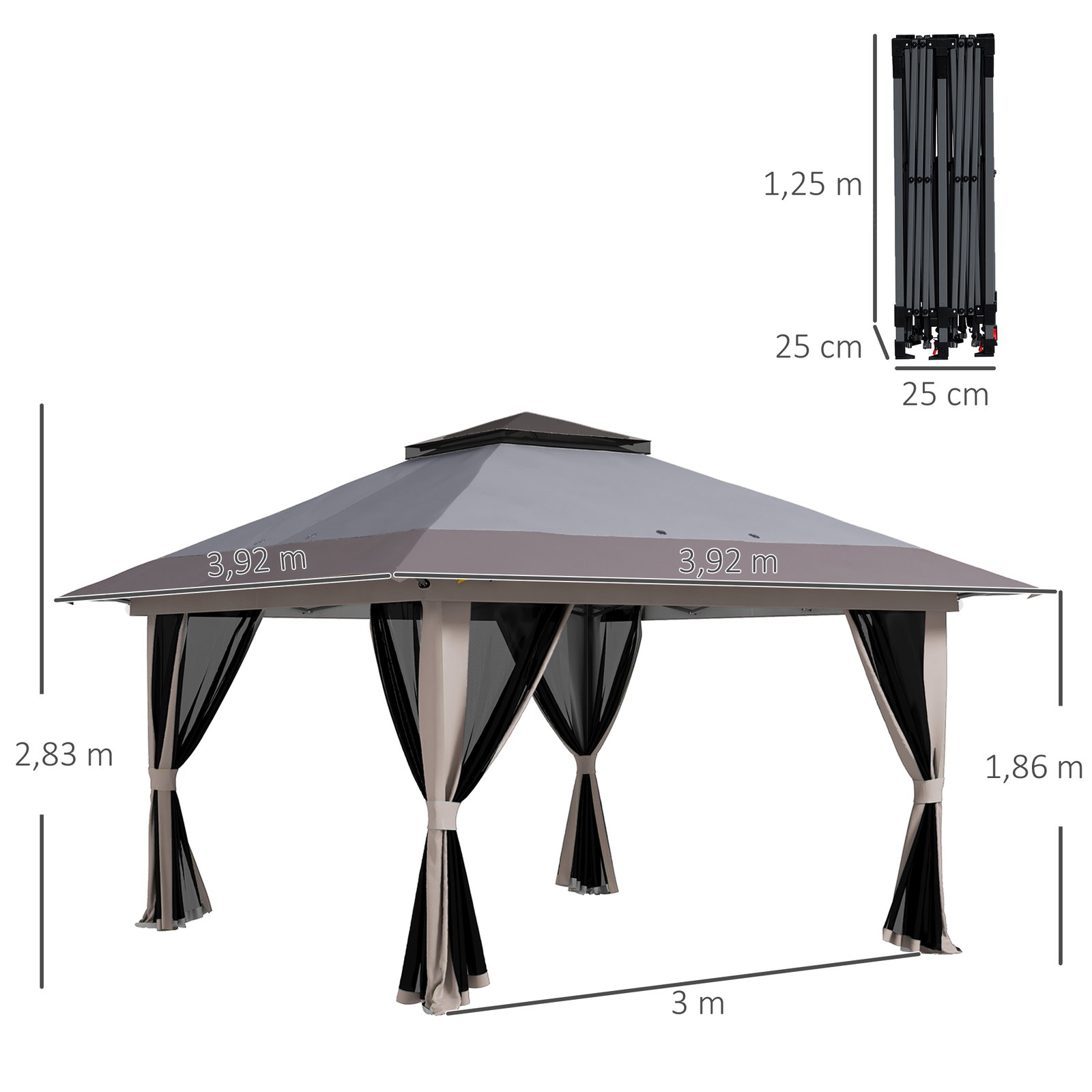 Tenda dobrável pop-up com altura ajustável proteção uv50+ telhado duplo e redes mosquiteiras 4x4x2,8 m cinzento claro