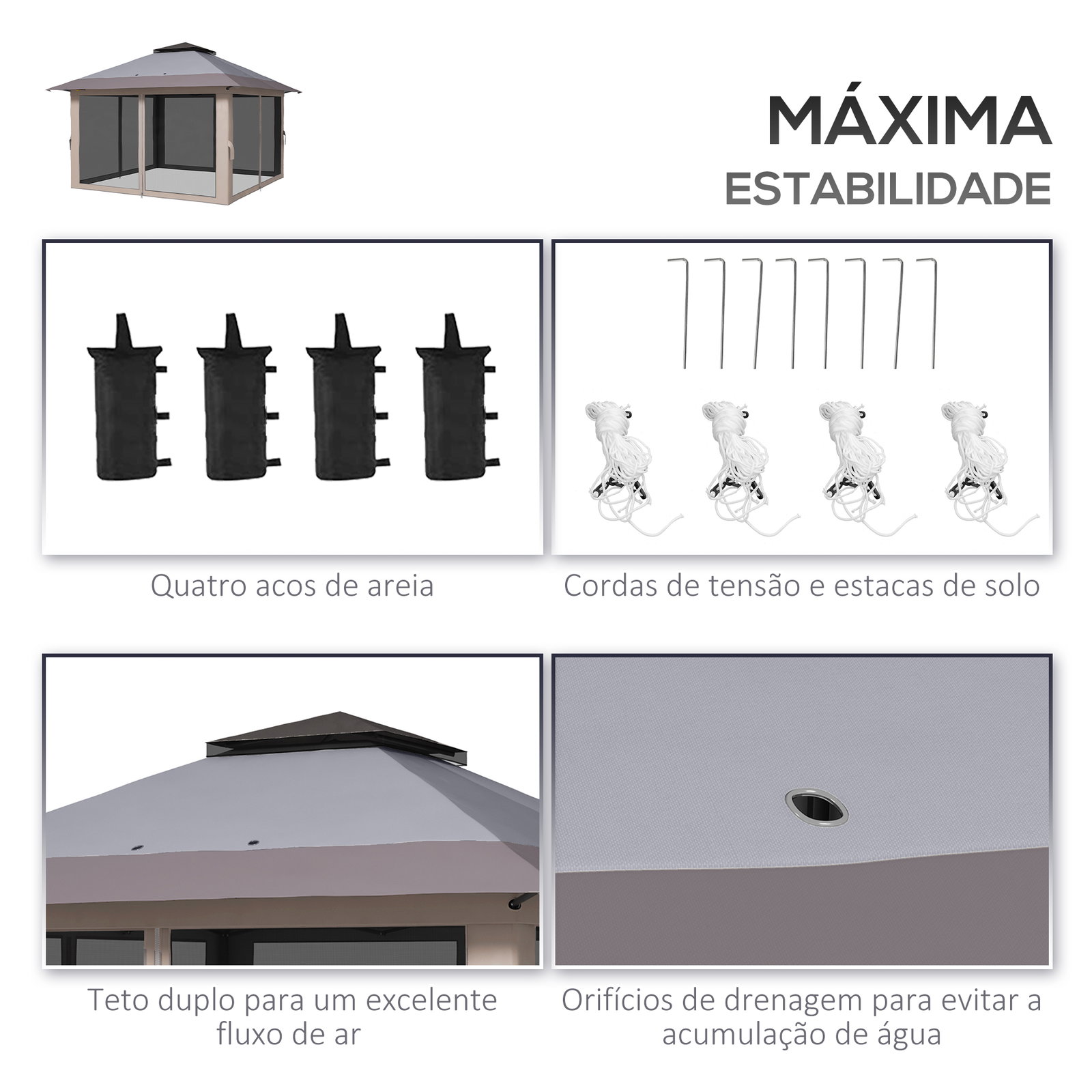 Tenda dobrável pop-up com altura ajustável proteção uv50+ telhado duplo e redes mosquiteiras 4x4x2,8 m cinzento claro