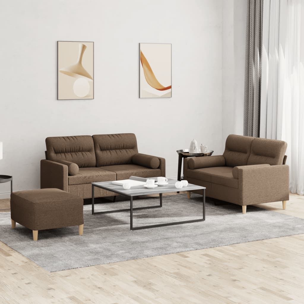 3 Pcs conjunto de sofás com almofadas tecido castanho