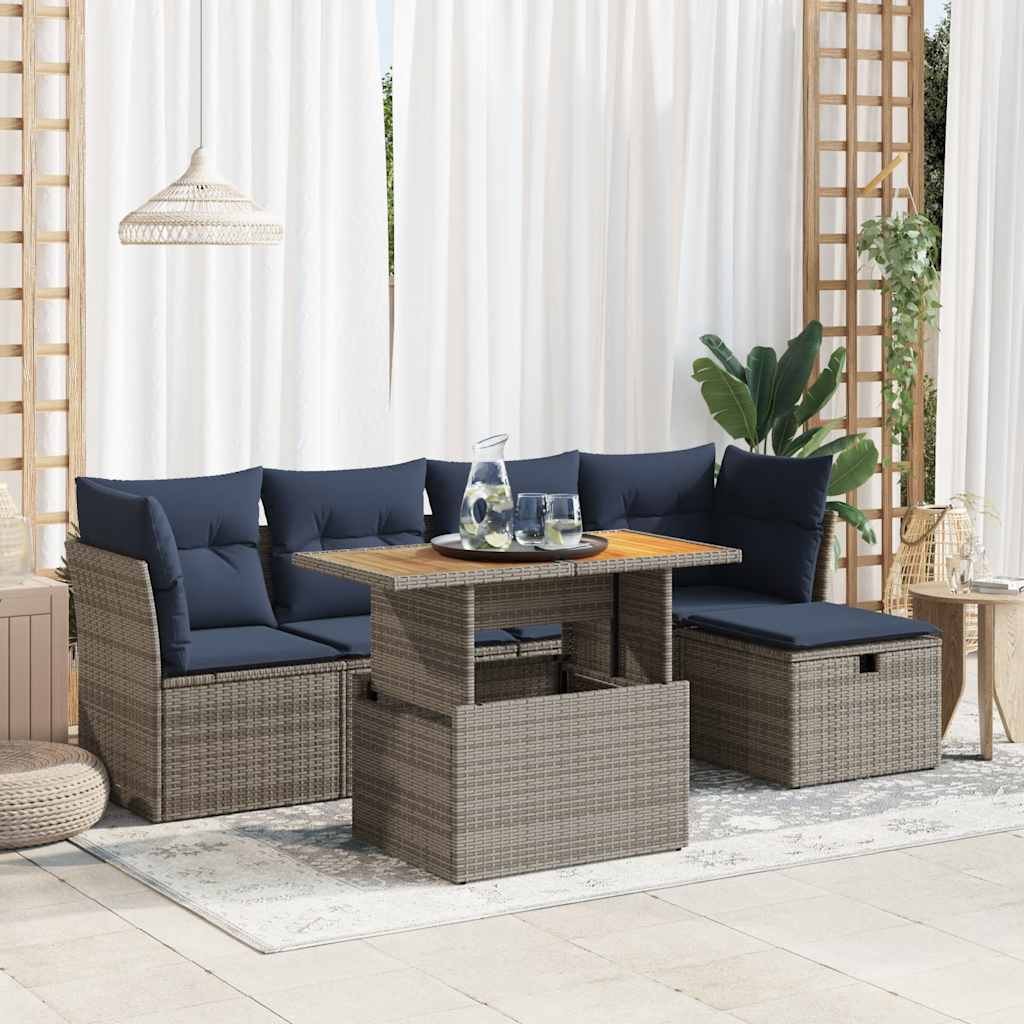 6 Pcs conjunto sofás jardim com almofadões PE/acácia cinzento