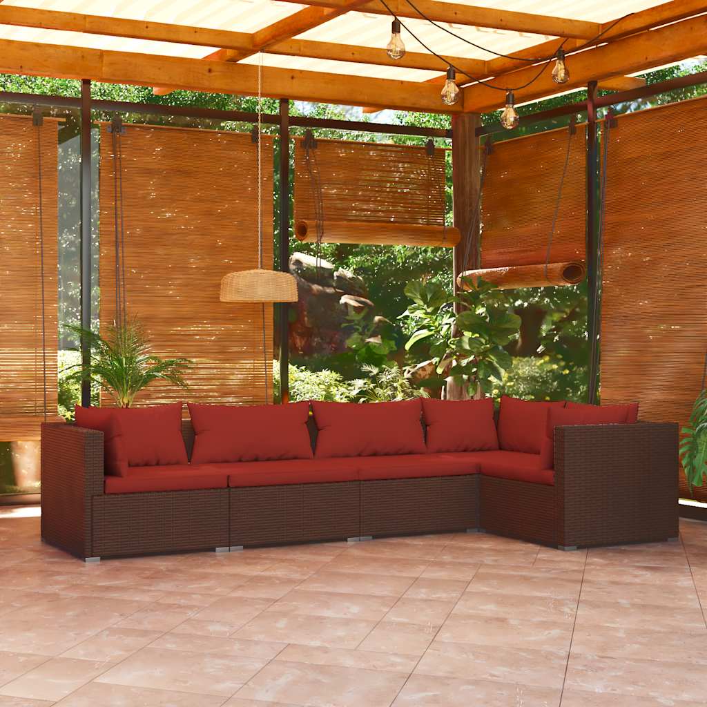 5 Pcs conjunto lounge jardim c/ almofadões vime PE castanho