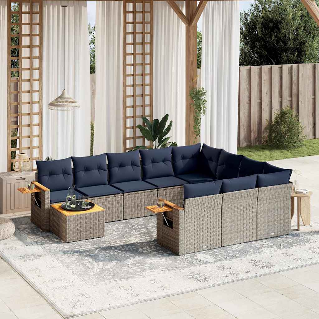 11 Pcs conjunto sofás de jardim c/ almofadões vime PE cinzento